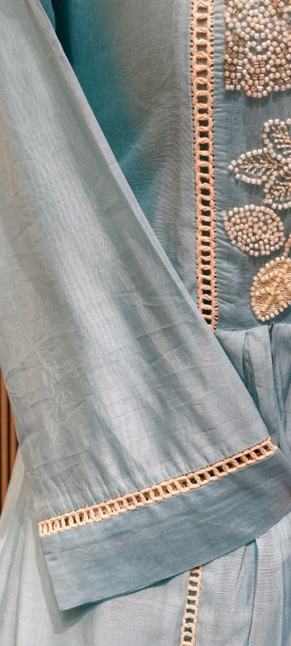 Dusty Pastel Heavy Embroidered Yoke Surat Mul-Chanderi Anarkali Full Suit set With Dupatta