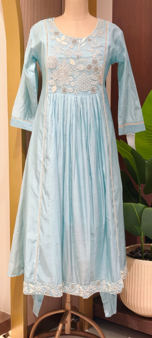 Dusty Pastel Heavy Embroidered Yoke Surat Mul-Chanderi Anarkali Full Suit set With Dupatta