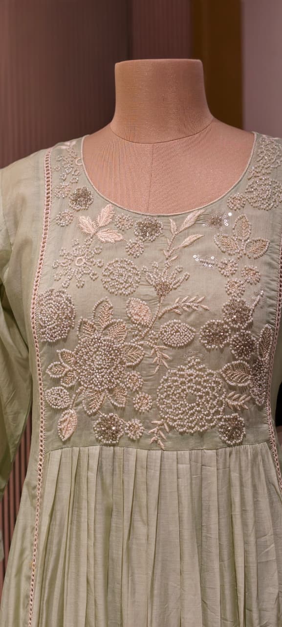 Dusty Pastel Heavy Embroidered Yoke Surat Mul-Chanderi Anarkali Full Suit set With Dupatta