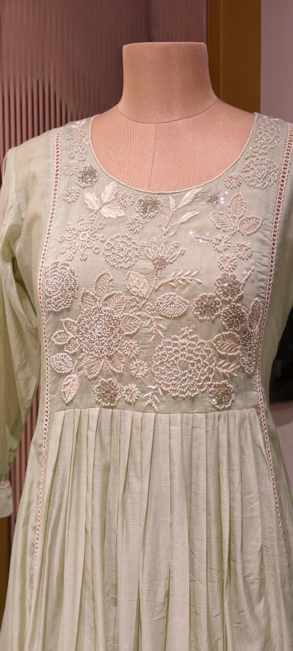 Dusty Pastel Heavy Embroidered Yoke Surat Mul-Chanderi Anarkali Full Suit set With Dupatta