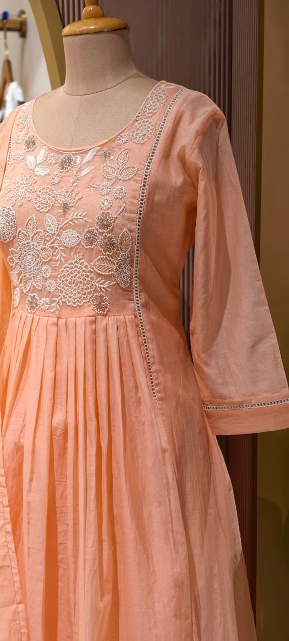 Dusty Pastel Heavy Embroidered Yoke Surat Mul-Chanderi Anarkali Full Suit set With Dupatta