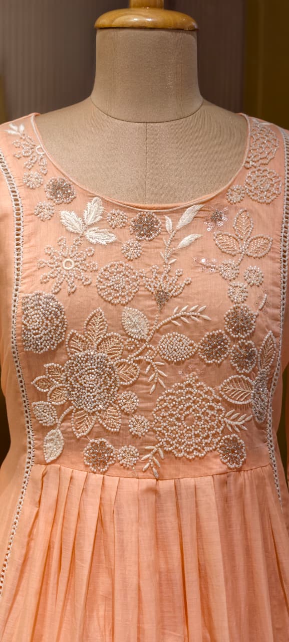 Dusty Pastel Heavy Embroidered Yoke Surat Mul-Chanderi Anarkali Full Suit set With Dupatta