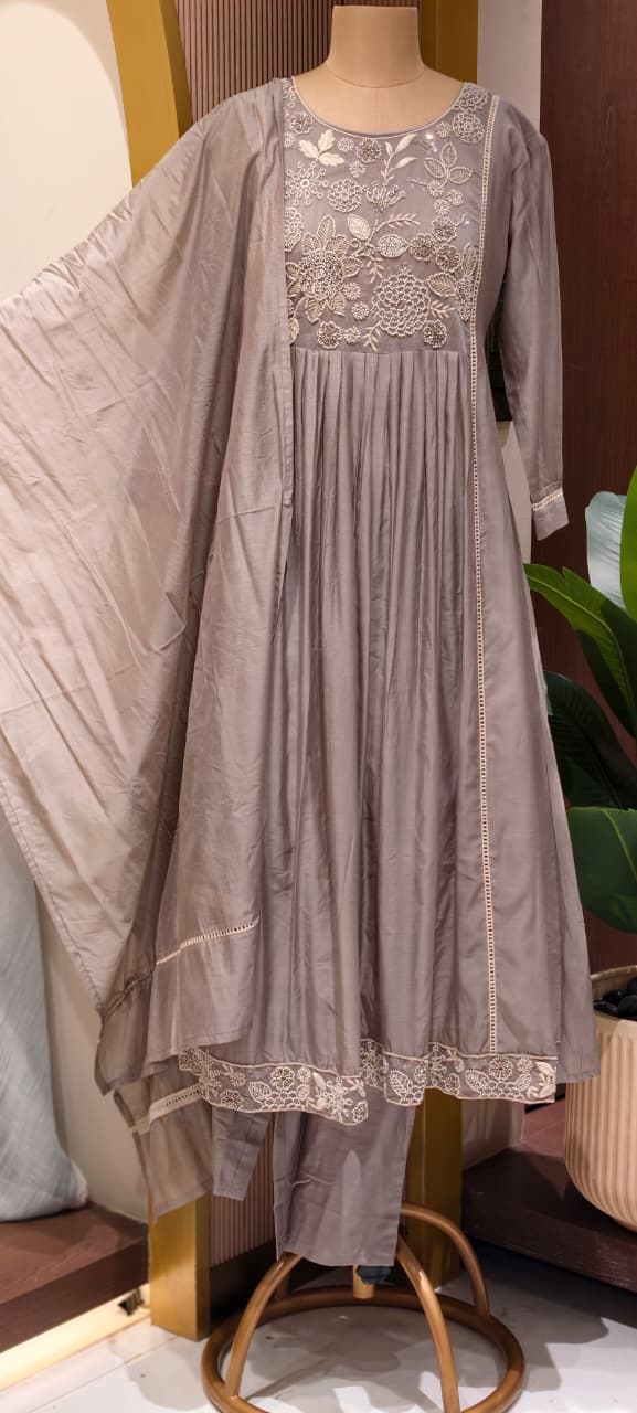 Dusty Pastel Heavy Embroidered Yoke Surat Mul-Chanderi Anarkali Full Suit set With Dupatta
