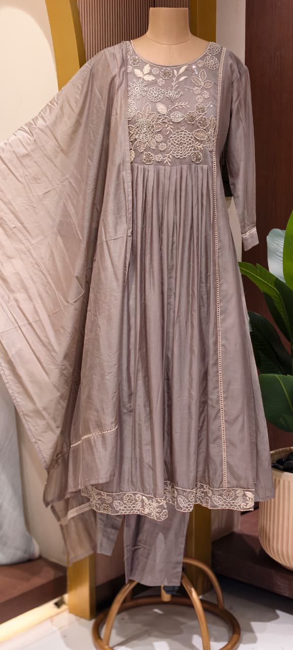 Dusty Pastel Heavy Embroidered Yoke Surat Mul-Chanderi Anarkali Full Suit set With Dupatta