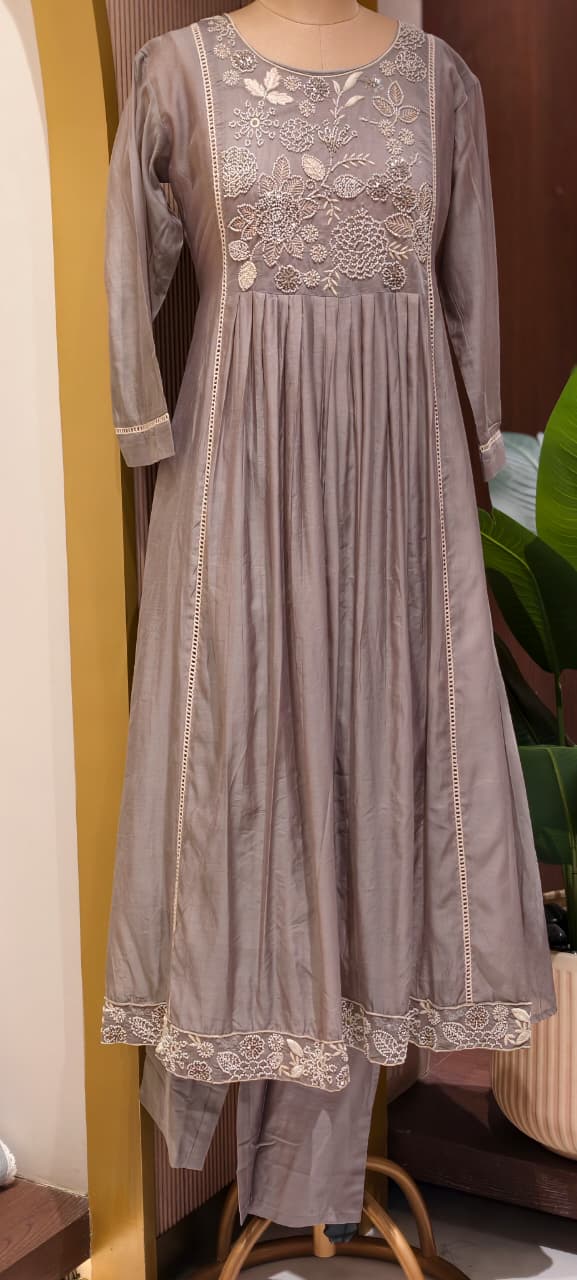 Dusty Pastel Heavy Embroidered Yoke Surat Mul-Chanderi Anarkali Full Suit set With Dupatta