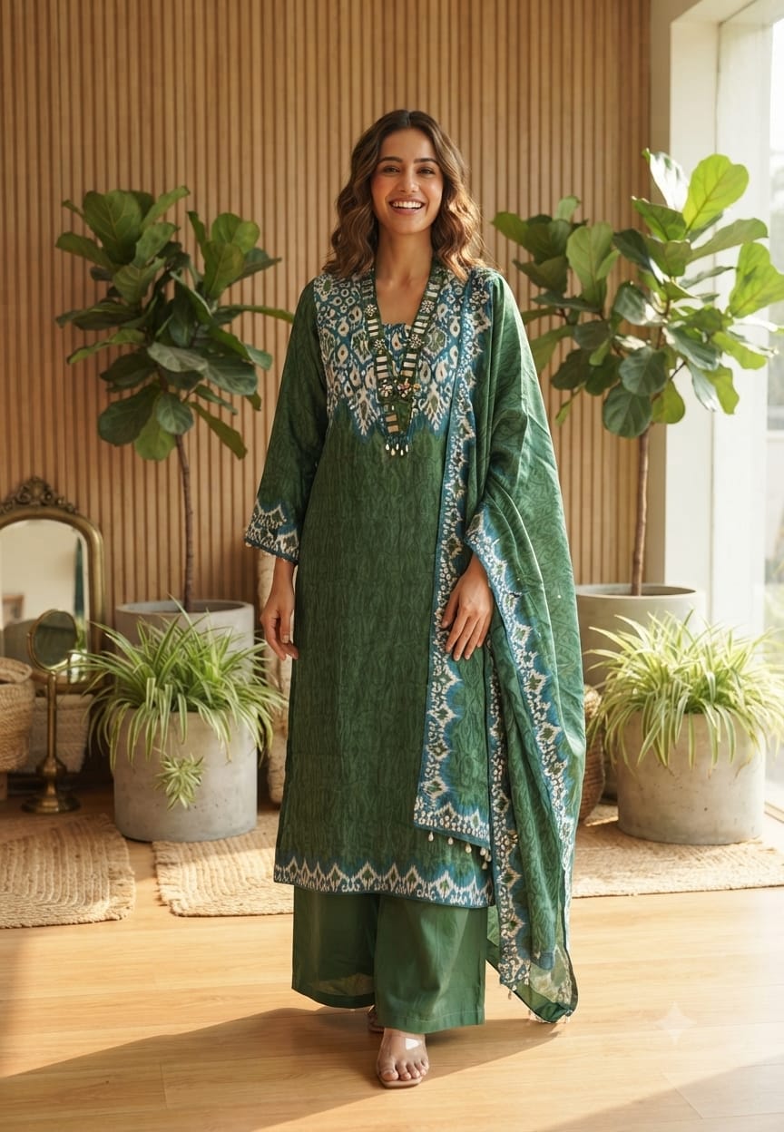 Real Mirror Boho Neckline Ikkat Print Gajji Silk Full Suit Set With Dupatta- 15626