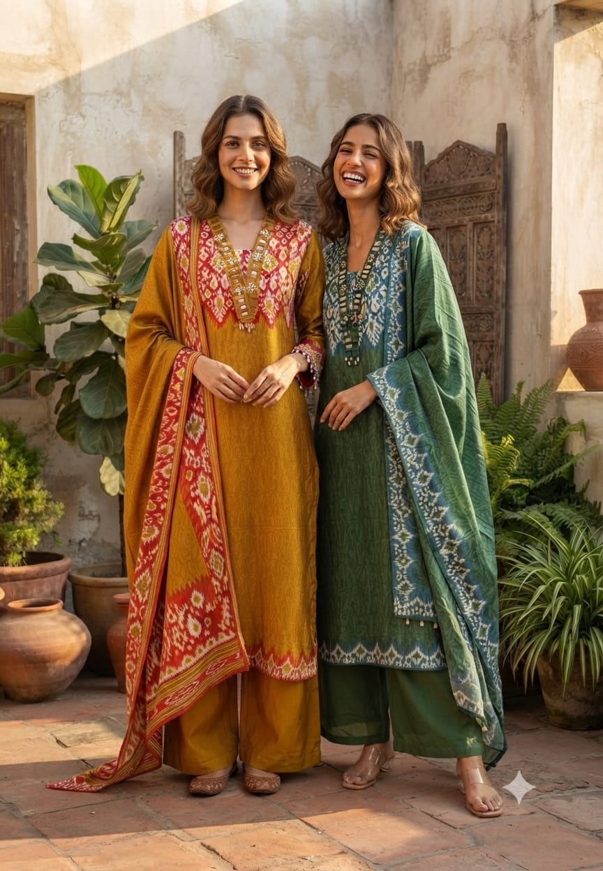 Real Mirror Boho Neckline Ikkat Print Gajji Silk Full Suit Set With Dupatta- 15626