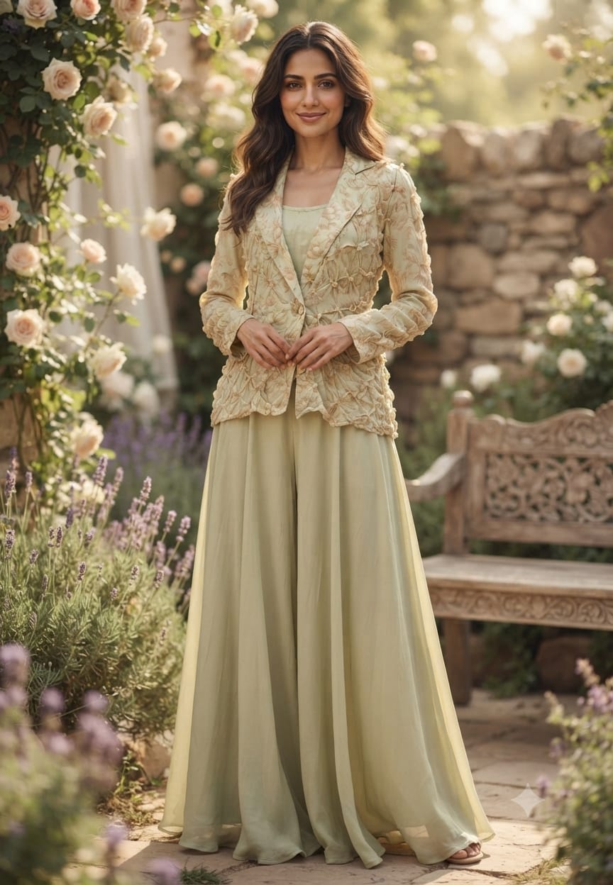Pleated Chevron Floral Print Jacket With Inner & Flared Skirt Look Palazzo Bottom Indo Wear- 15539