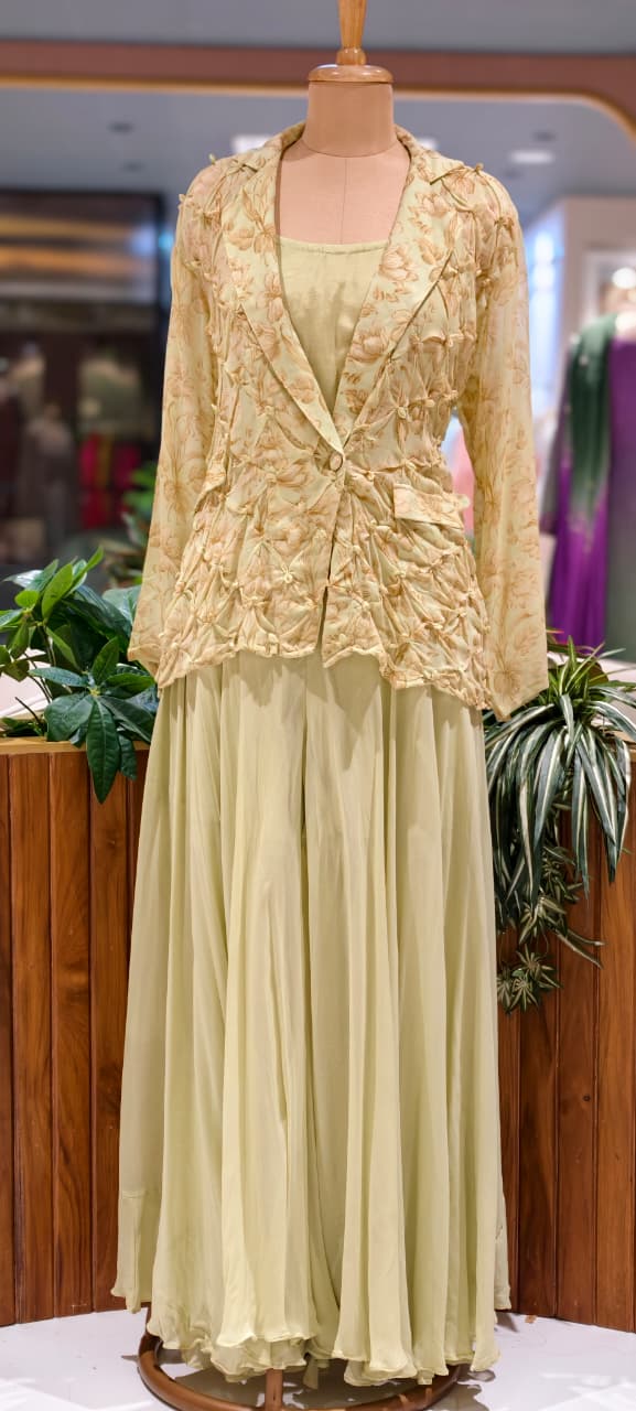 Pleated Chevron Floral Print Jacket With Inner & Flared Skirt Look Palazzo Bottom Indo Wear- 15539