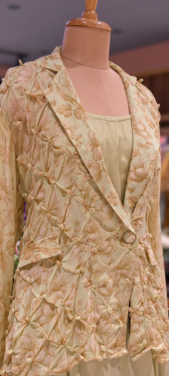 Pleated Chevron Floral Print Jacket With Inner & Flared Skirt Look Palazzo Bottom Indo Wear- 15539