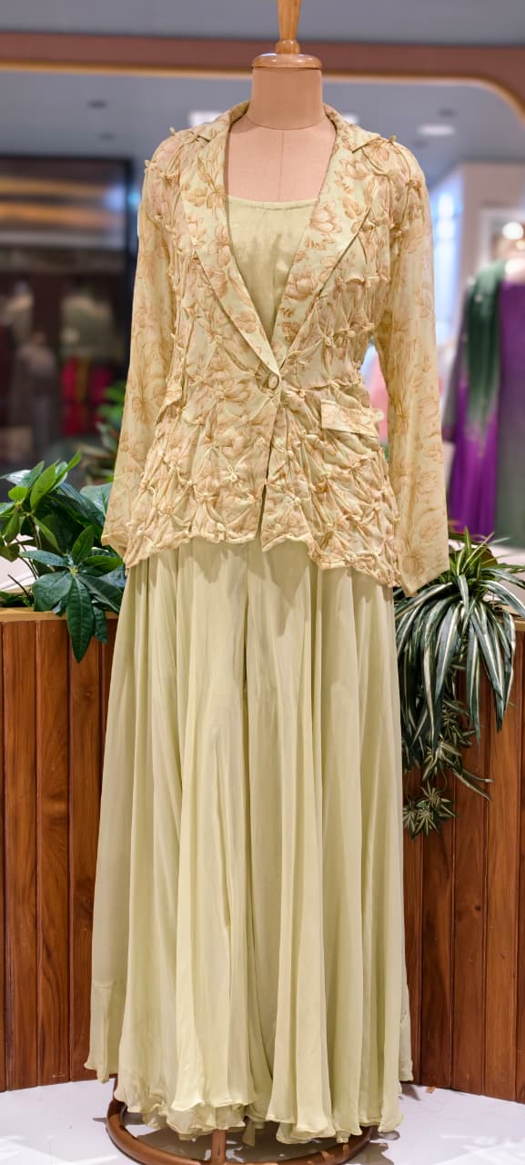 Pleated Chevron Floral Print Jacket With Inner & Flared Skirt Look Palazzo Bottom Indo Wear- 15539