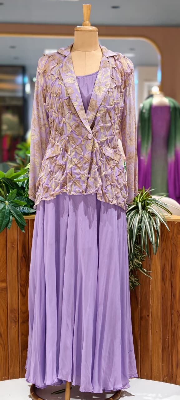 Pleated Chevron Floral Print Jacket With Inner & Flared Skirt Look Palazzo Bottom Indo Wear- 15539
