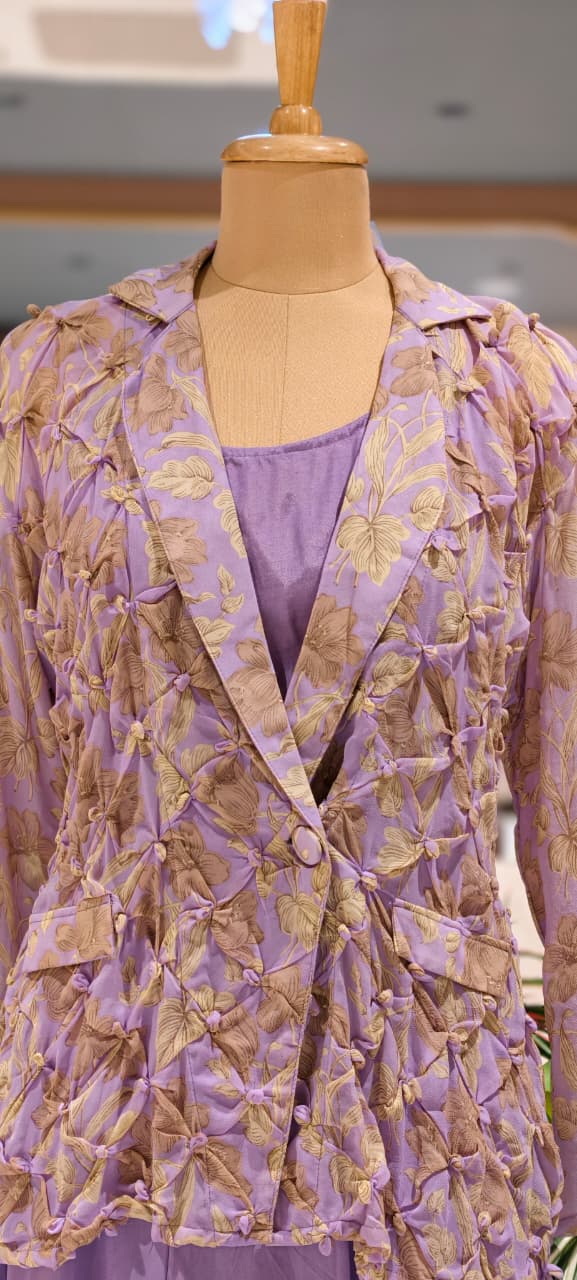 Pleated Chevron Floral Print Jacket With Inner & Flared Skirt Look Palazzo Bottom Indo Wear- 15539