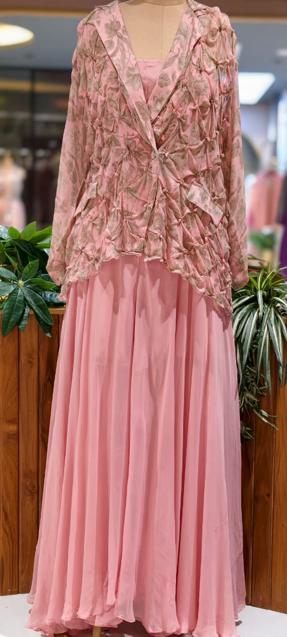 Pleated Chevron Floral Print Jacket With Inner & Flared Skirt Look Palazzo Bottom Indo Wear- 15539