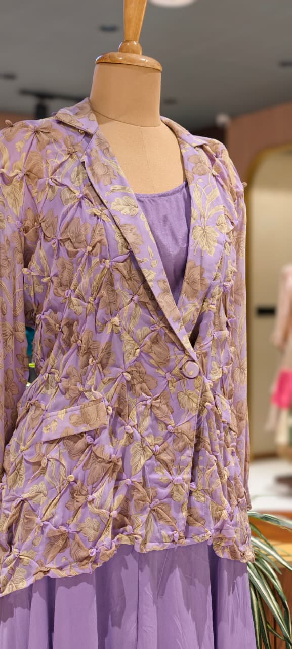Pleated Chevron Floral Print Jacket With Inner & Flared Skirt Look Palazzo Bottom Indo Wear- 15539