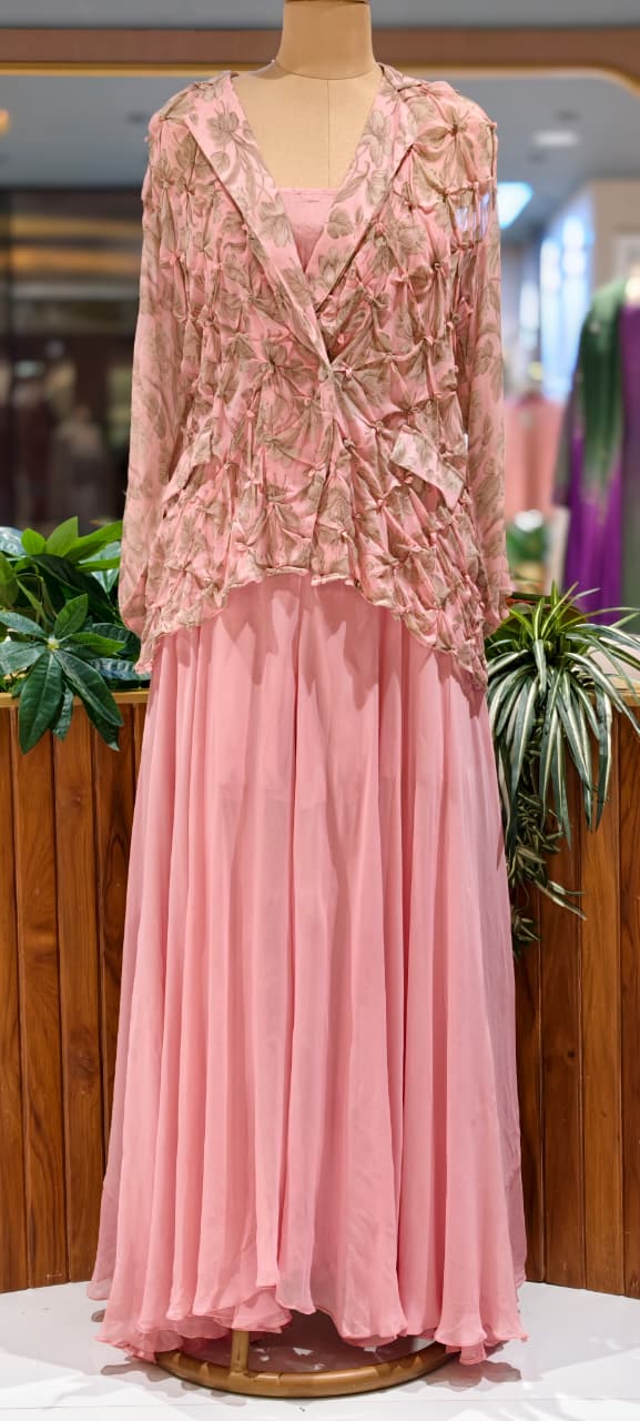 Pleated Chevron Floral Print Jacket With Inner & Flared Skirt Look Palazzo Bottom Indo Wear- 15539