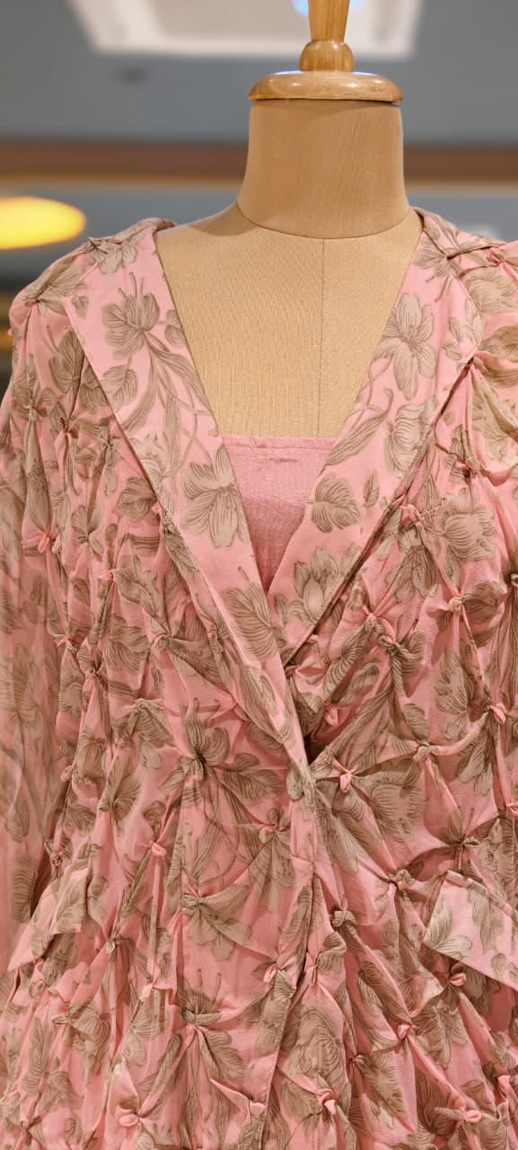 Pleated Chevron Floral Print Jacket With Inner & Flared Skirt Look Palazzo Bottom Indo Wear- 15539