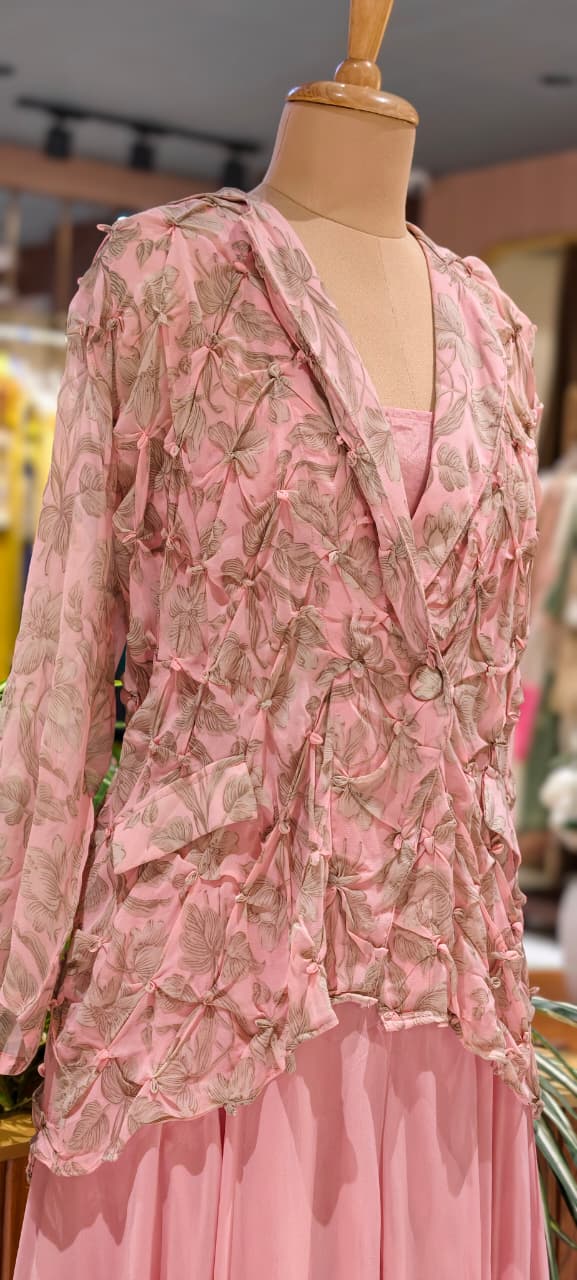 Pleated Chevron Floral Print Jacket With Inner & Flared Skirt Look Palazzo Bottom Indo Wear- 15539
