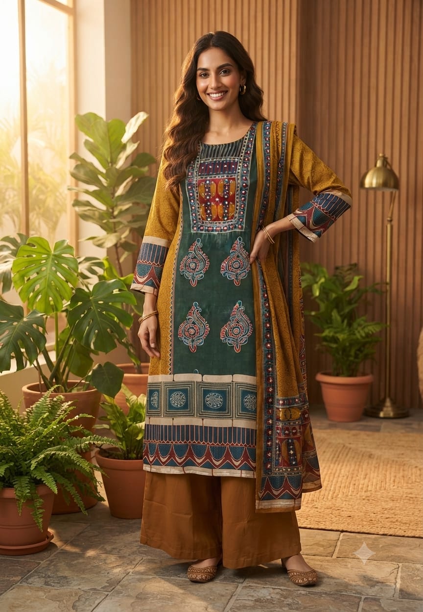 Butter Shine Crepe Fabric Abstract Ajrakh Print A-Line Full Suit Set With Dupatta- 15624