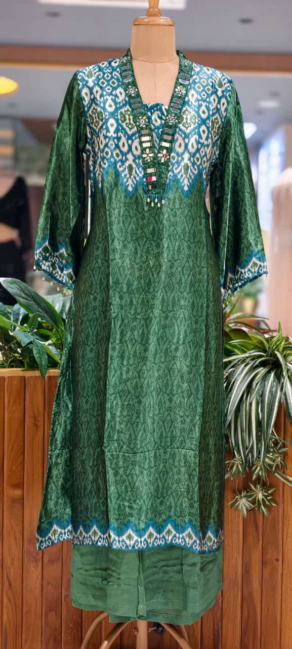 Real Mirror Boho Neckline Ikkat Print Gajji Silk Full Suit Set With Dupatta- 15626