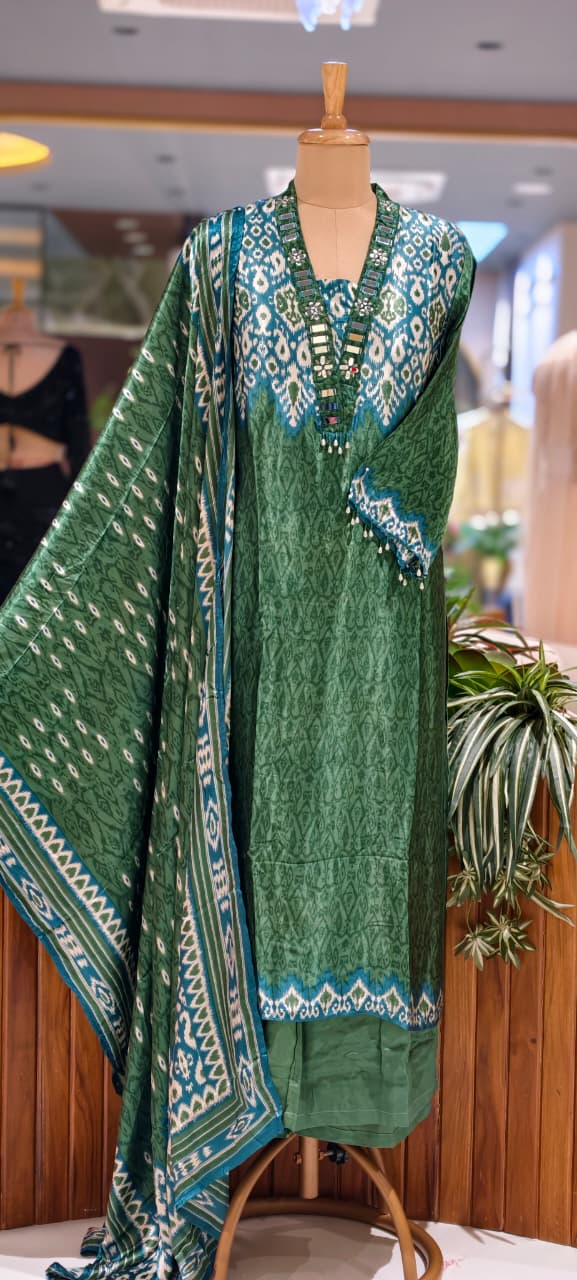 Real Mirror Boho Neckline Ikkat Print Gajji Silk Full Suit Set With Dupatta- 15626