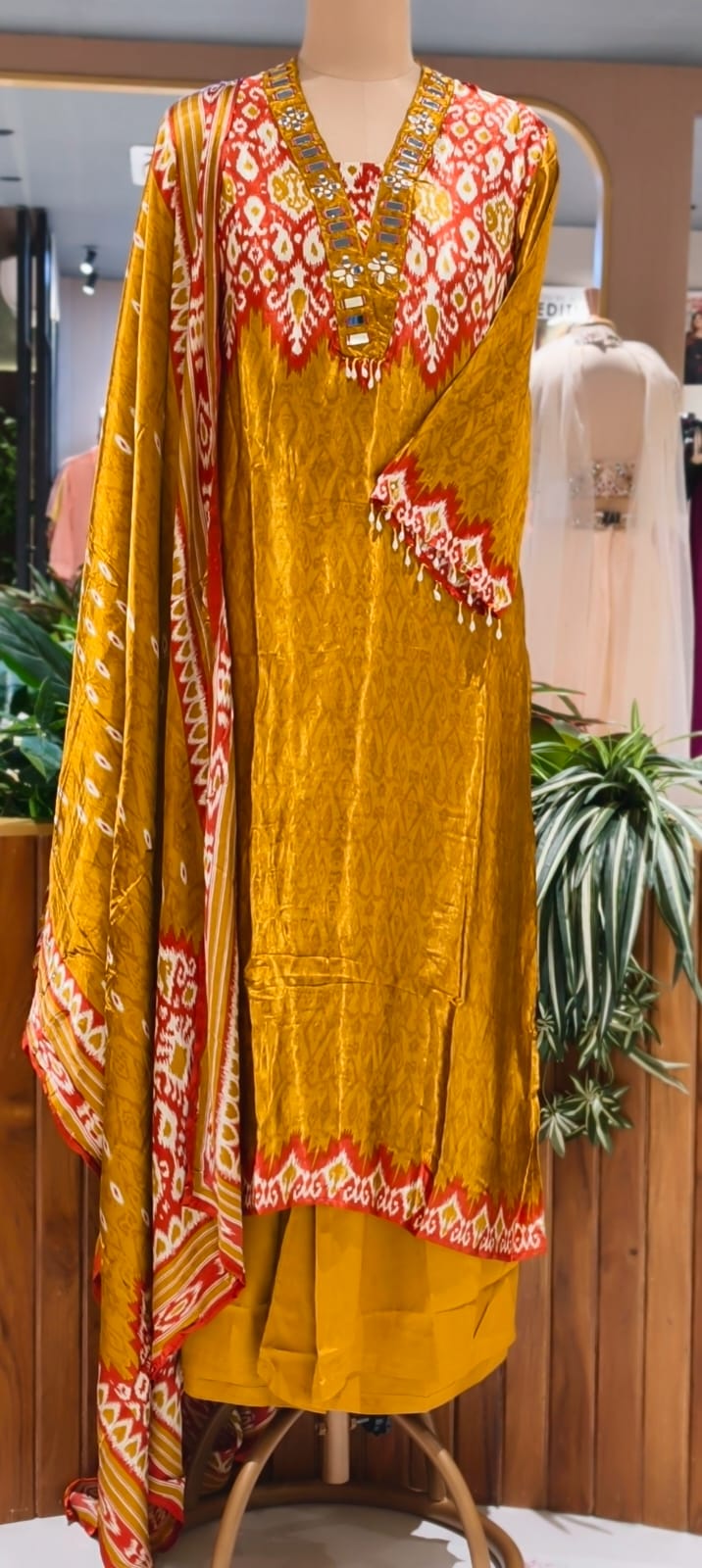 Real Mirror Boho Neckline Ikkat Print Gajji Silk Full Suit Set With Dupatta- 15626