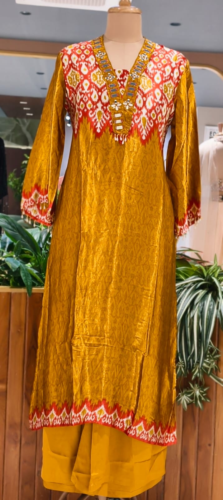 Real Mirror Boho Neckline Ikkat Print Gajji Silk Full Suit Set With Dupatta- 15626