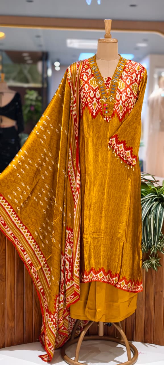 Real Mirror Boho Neckline Ikkat Print Gajji Silk Full Suit Set With Dupatta- 15626