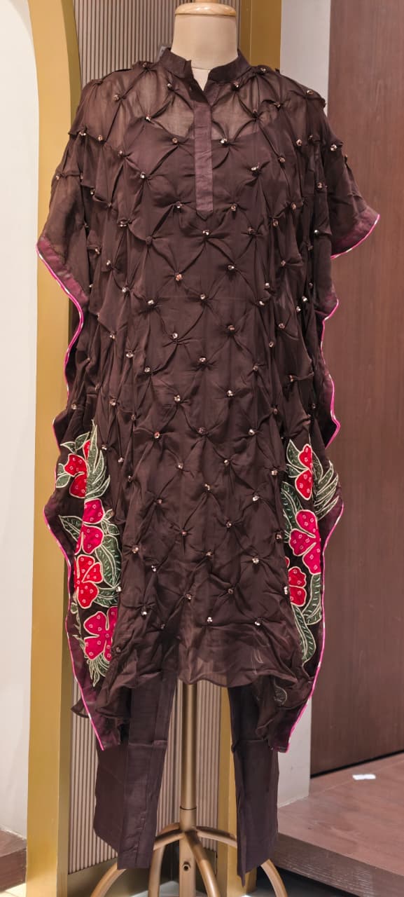 Pin-tucks Hand-Embellished Textured Floral Embroidery Kaftan Style Indo-Wear With Matching Bottom- 15538