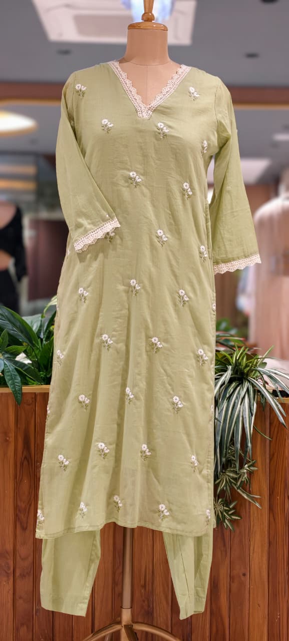 Crosia Neckline Cute Tiny Floral Embroidery Solid Candy Shades Mul-Cotton A-Line Full Suit Set With Dupatta- 15652