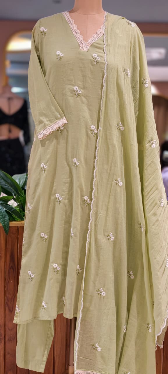Crosia Neckline Cute Tiny Floral Embroidery Solid Candy Shades Mul-Cotton A-Line Full Suit Set With Dupatta- 15652