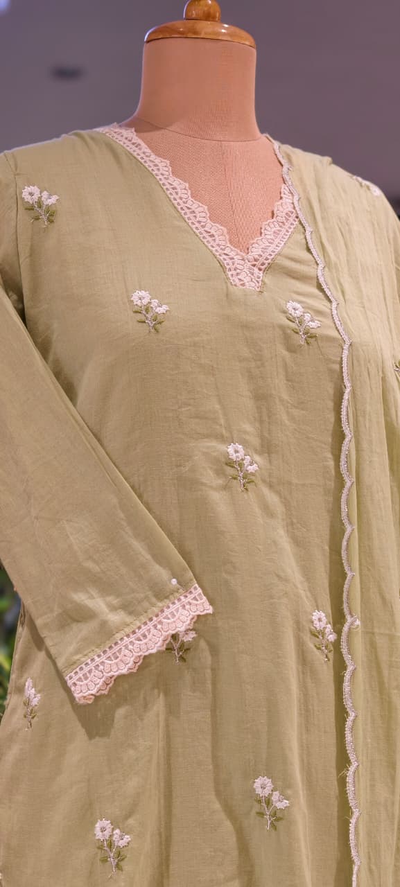 Crosia Neckline Cute Tiny Floral Embroidery Solid Candy Shades Mul-Cotton A-Line Full Suit Set With Dupatta- 15652
