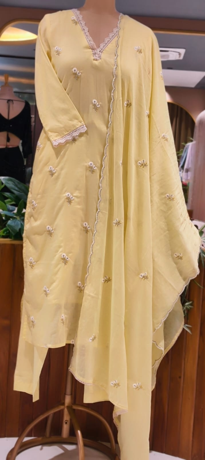 Crosia Neckline Cute Tiny Floral Embroidery Solid Candy Shades Mul-Cotton A-Line Full Suit Set With Dupatta- 15652