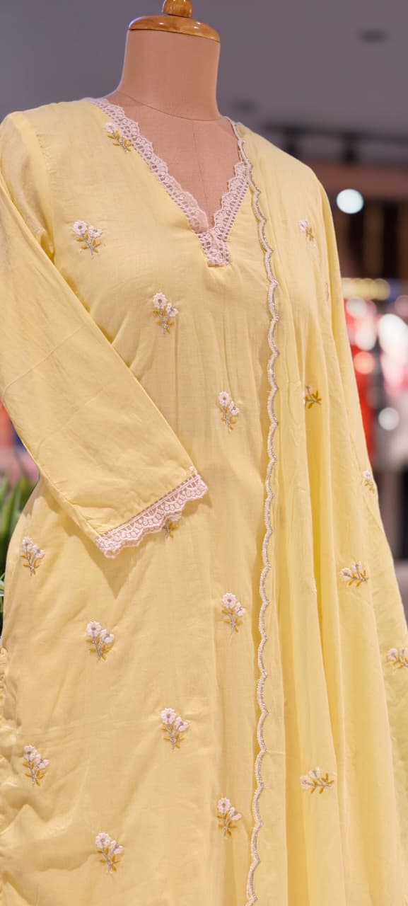 Crosia Neckline Cute Tiny Floral Embroidery Solid Candy Shades Mul-Cotton A-Line Full Suit Set With Dupatta- 15652