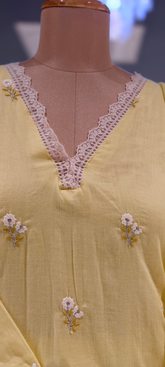 Crosia Neckline Cute Tiny Floral Embroidery Solid Candy Shades Mul-Cotton A-Line Full Suit Set With Dupatta- 15652