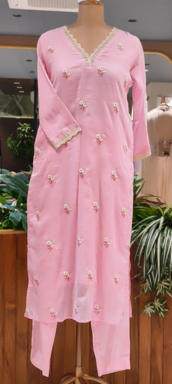 Crosia Neckline Cute Tiny Floral Embroidery Solid Candy Shades Mul-Cotton A-Line Full Suit Set With Dupatta- 15652