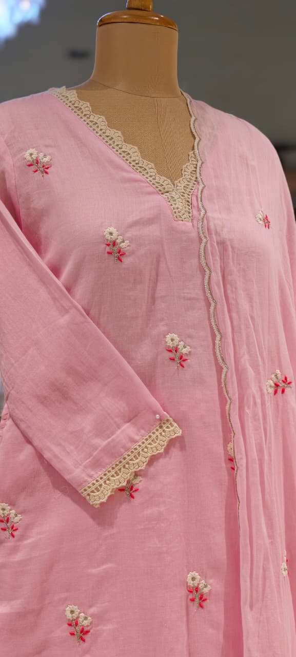 Crosia Neckline Cute Tiny Floral Embroidery Solid Candy Shades Mul-Cotton A-Line Full Suit Set With Dupatta- 15652