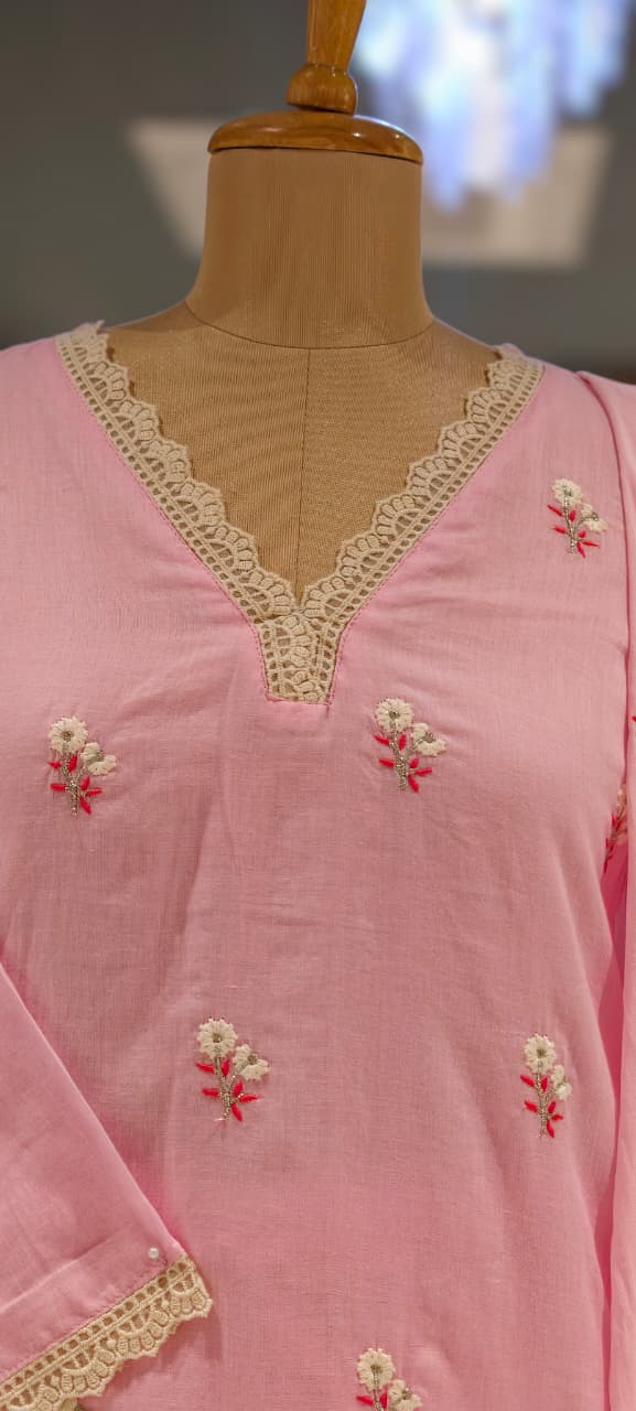Crosia Neckline Cute Tiny Floral Embroidery Solid Candy Shades Mul-Cotton A-Line Full Suit Set With Dupatta- 15652