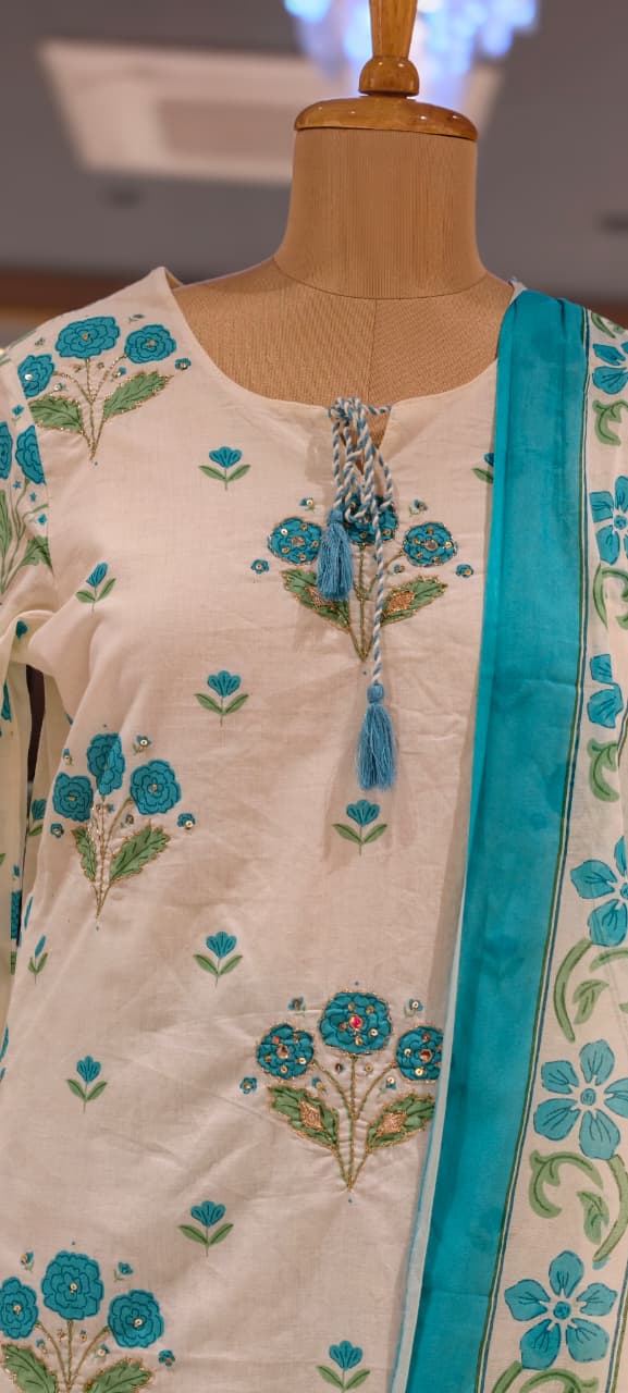 Cute Floral Motifs Watermark Look Tassel Accent Straight Cotton Full Suit Set With Dupatta- 15666