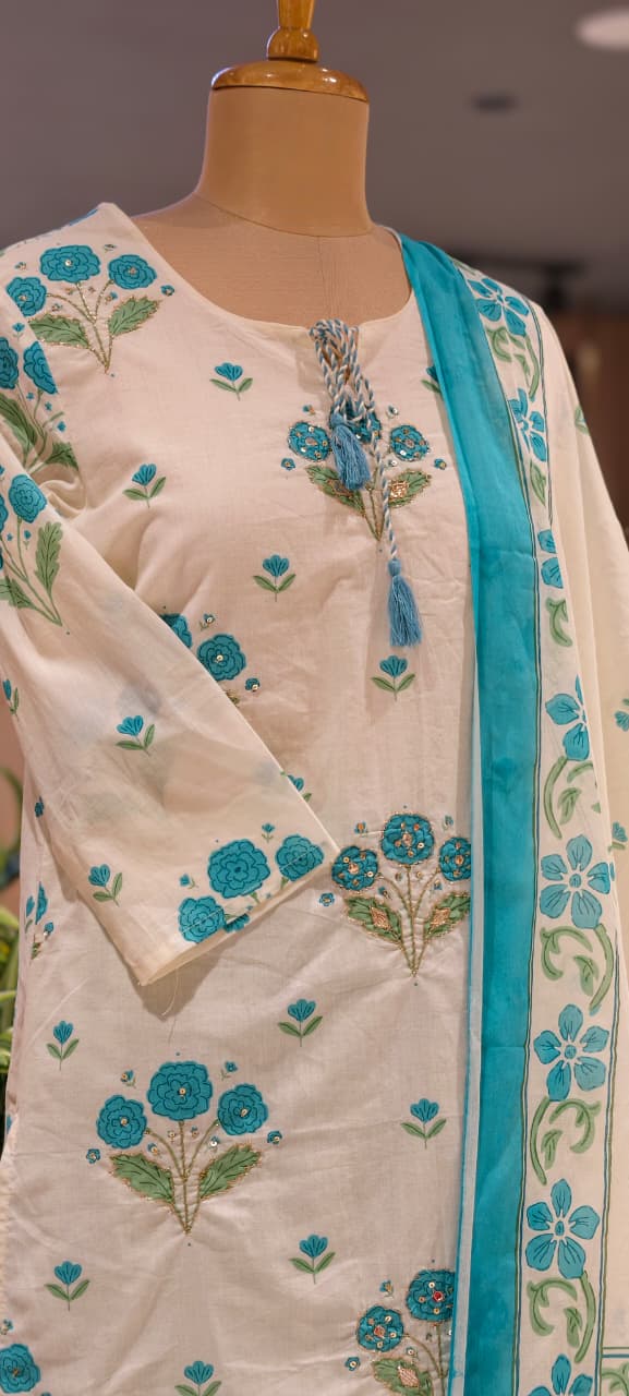 Cute Floral Motifs Watermark Look Tassel Accent Straight Cotton Full Suit Set With Dupatta- 15666