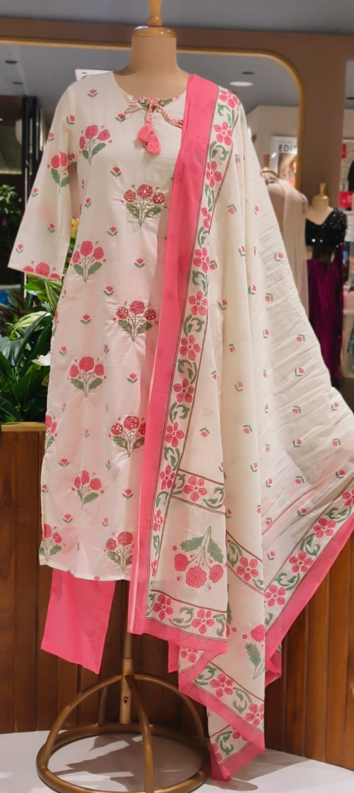 Cute Floral Motifs Watermark Look Tassel Accent Straight Cotton Full Suit Set With Dupatta- 15666