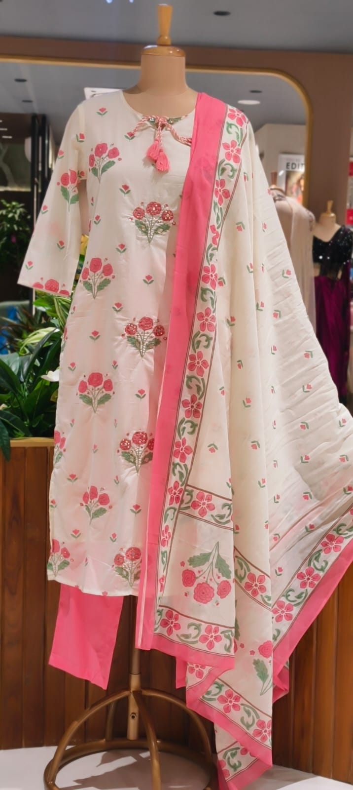 Cute Floral Motifs Watermark Look Tassel Accent Straight Cotton Full Suit Set With Dupatta- 15666
