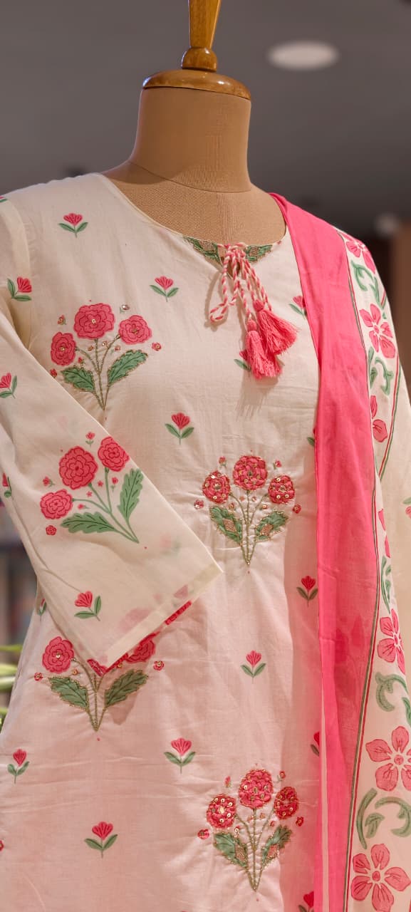 Cute Floral Motifs Watermark Look Tassel Accent Straight Cotton Full Suit Set With Dupatta- 15666
