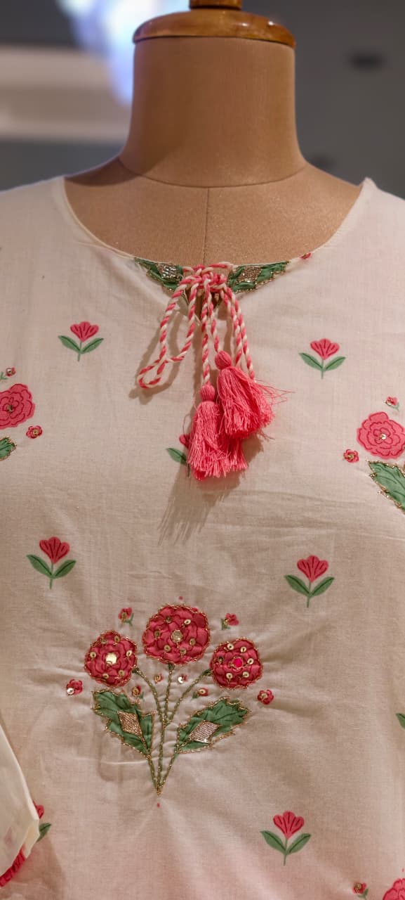 Cute Floral Motifs Watermark Look Tassel Accent Straight Cotton Full Suit Set With Dupatta- 15666