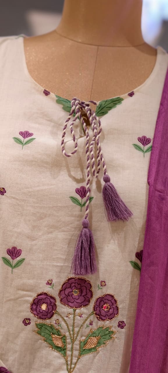 Cute Floral Motifs Watermark Look Tassel Accent Straight Cotton Full Suit Set With Dupatta- 15666