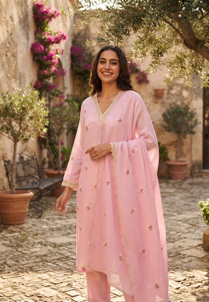 Crosia Neckline Cute Tiny Floral Embroidery Solid Candy Shades Mul-Cotton A-Line Full Suit Set With Dupatta- 15652