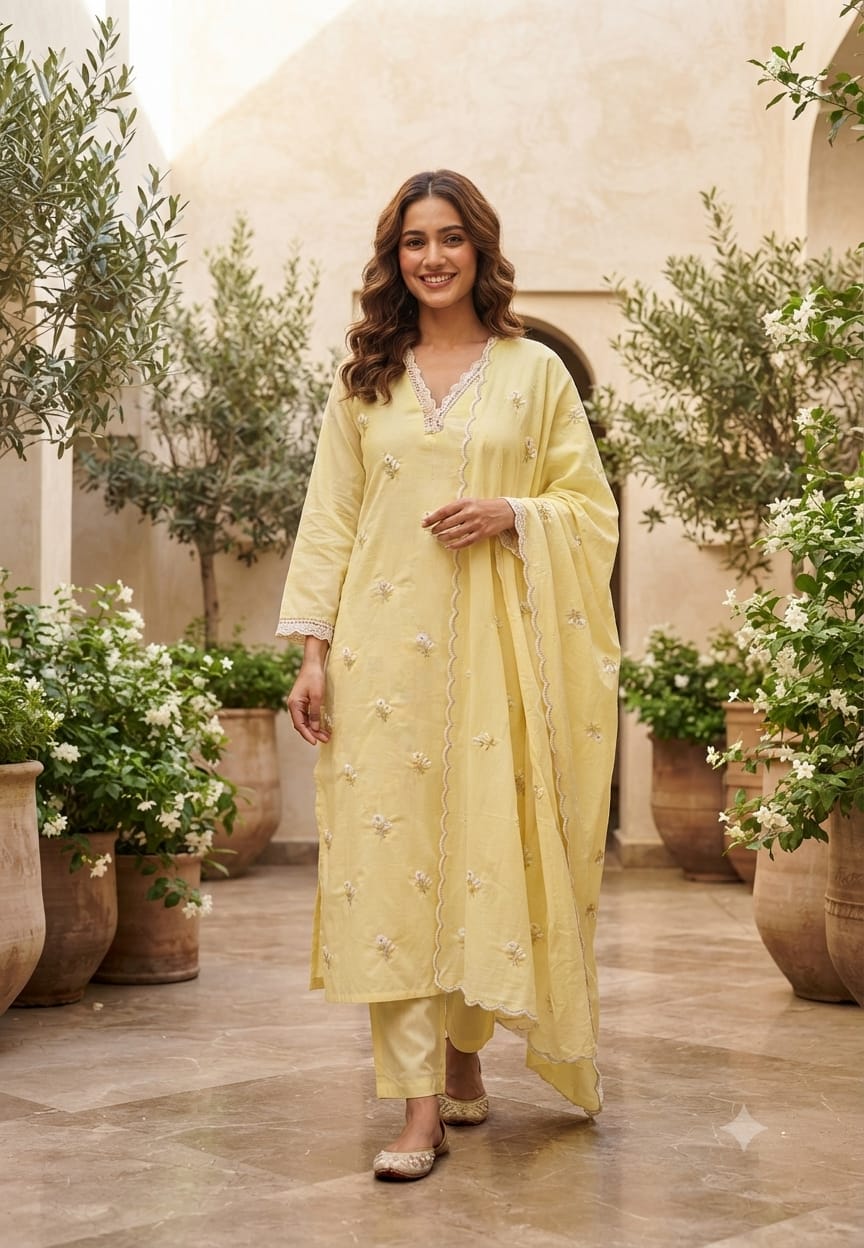 Crosia Neckline Cute Tiny Floral Embroidery Solid Candy Shades Mul-Cotton A-Line Full Suit Set With Dupatta- 15652