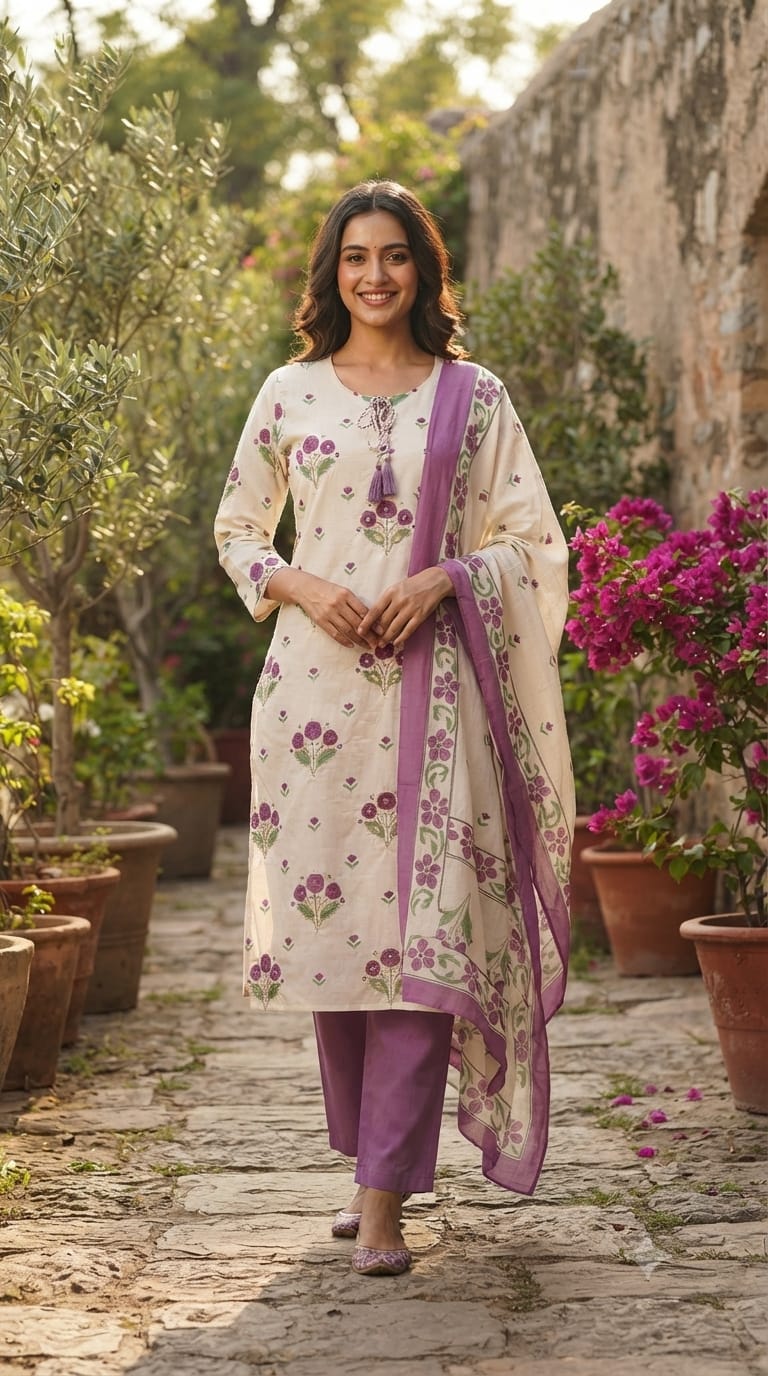 Cute Floral Motifs Watermark Look Tassel Accent Straight Cotton Full Suit Set With Dupatta- 15666