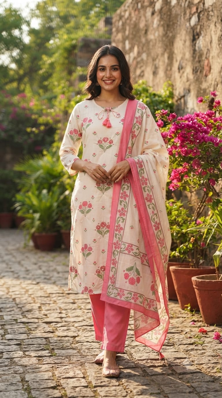 Cute Floral Motifs Watermark Look Tassel Accent Straight Cotton Full Suit Set With Dupatta- 15666