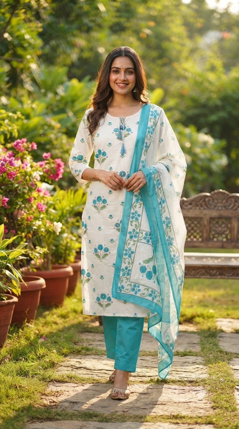 Cute Floral Motifs Watermark Look Tassel Accent Straight Cotton Full Suit Set With Dupatta- 15666